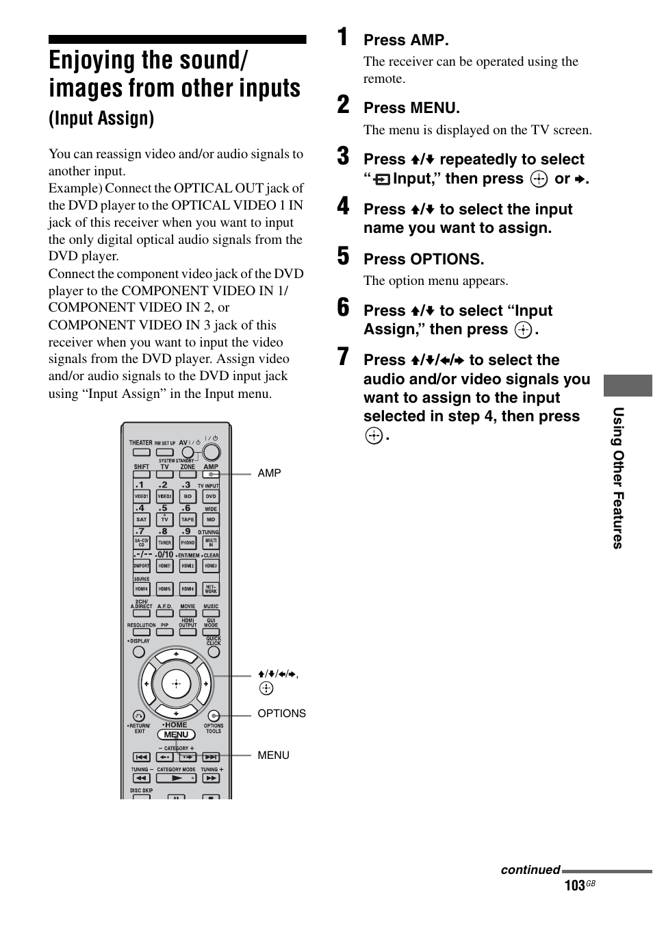 Enjoying the sound/images from other inputs, Input assign), Enjoying the sound/ images from other inputs | Sony 3-875-814-11(1) User Manual | Page 103 / 175