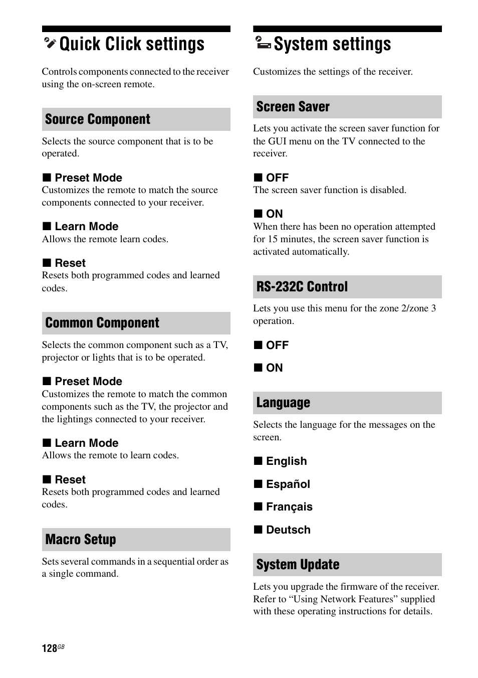 Quick click settings, System settings, Quick click settings system settings | Sony 3-875-814-11(1) User Manual | Page 128 / 175
