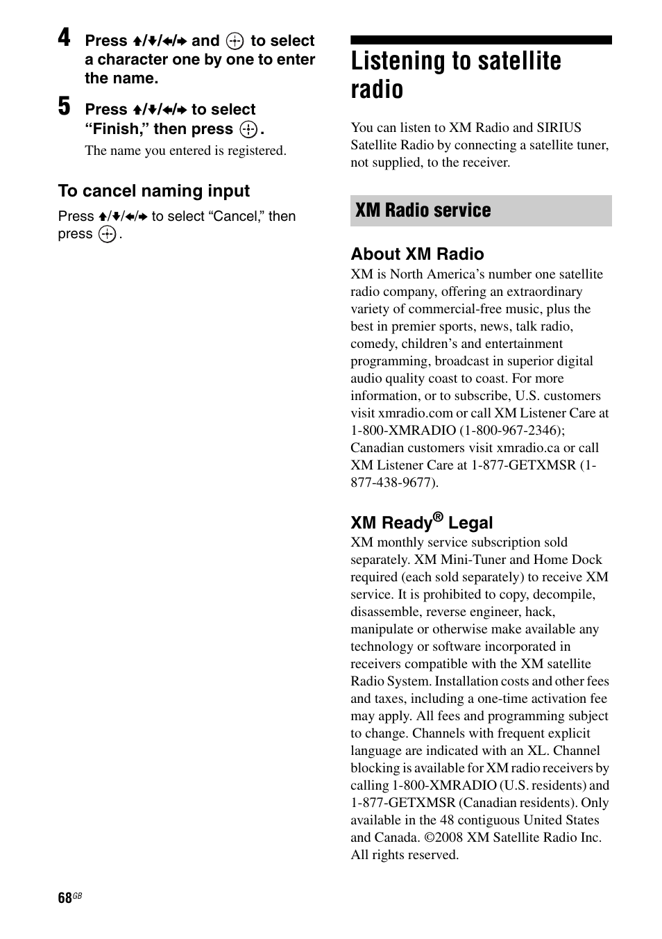 Listening to satellite radio, Xm radio service | Sony 3-875-814-11(1) User Manual | Page 68 / 175