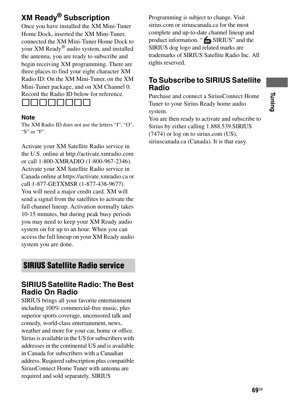 Sirius satellite radio service | Sony 3-875-814-11(1) User Manual | Page 69 / 175