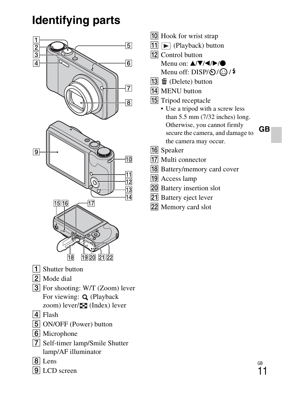 Identifying parts | Sony CYBER-SHOT DSC-H55 User Manual | Page 11 / 56