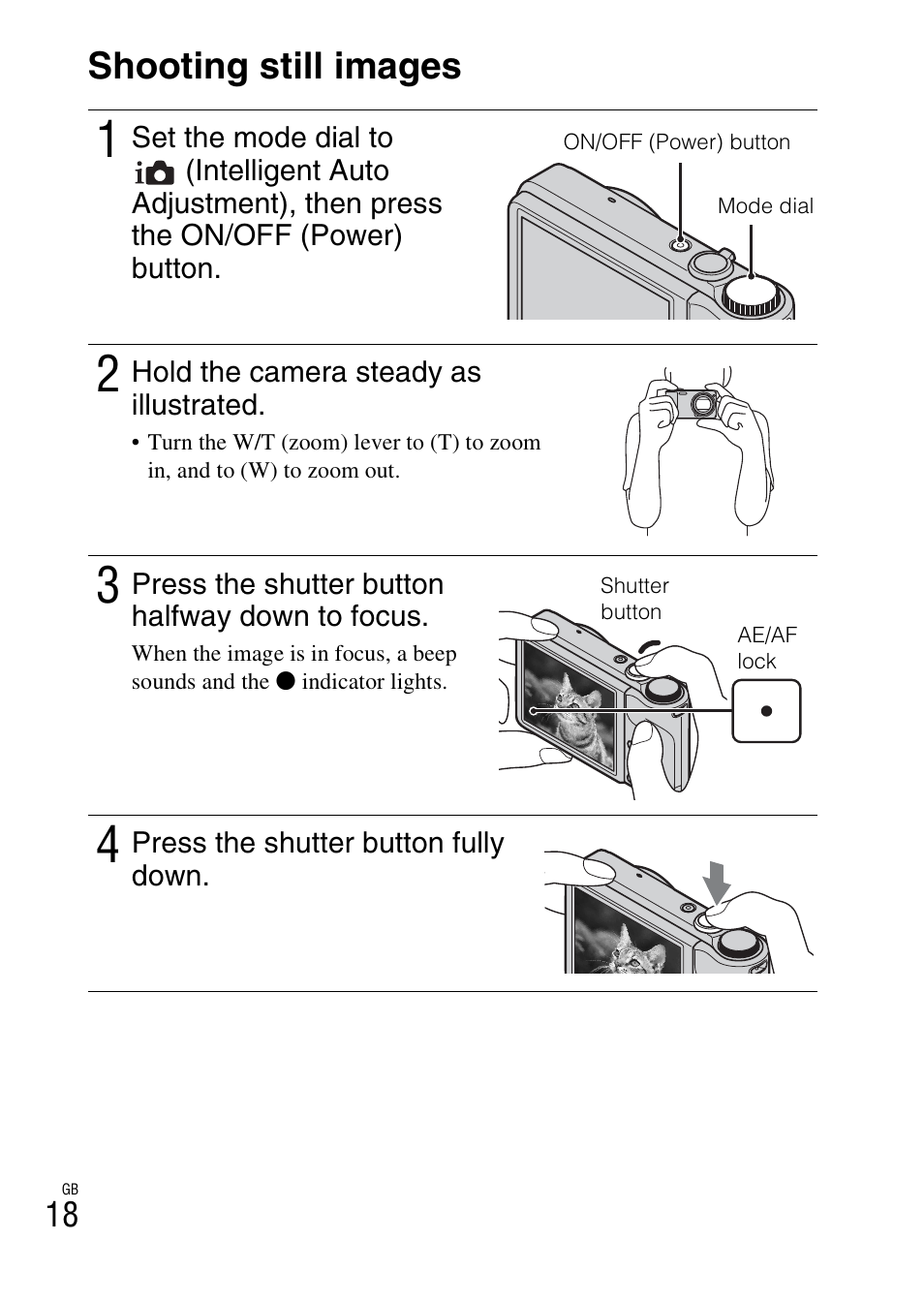 Shooting/viewing images, Shooting still images | Sony CYBER-SHOT DSC-H55 User Manual | Page 18 / 56