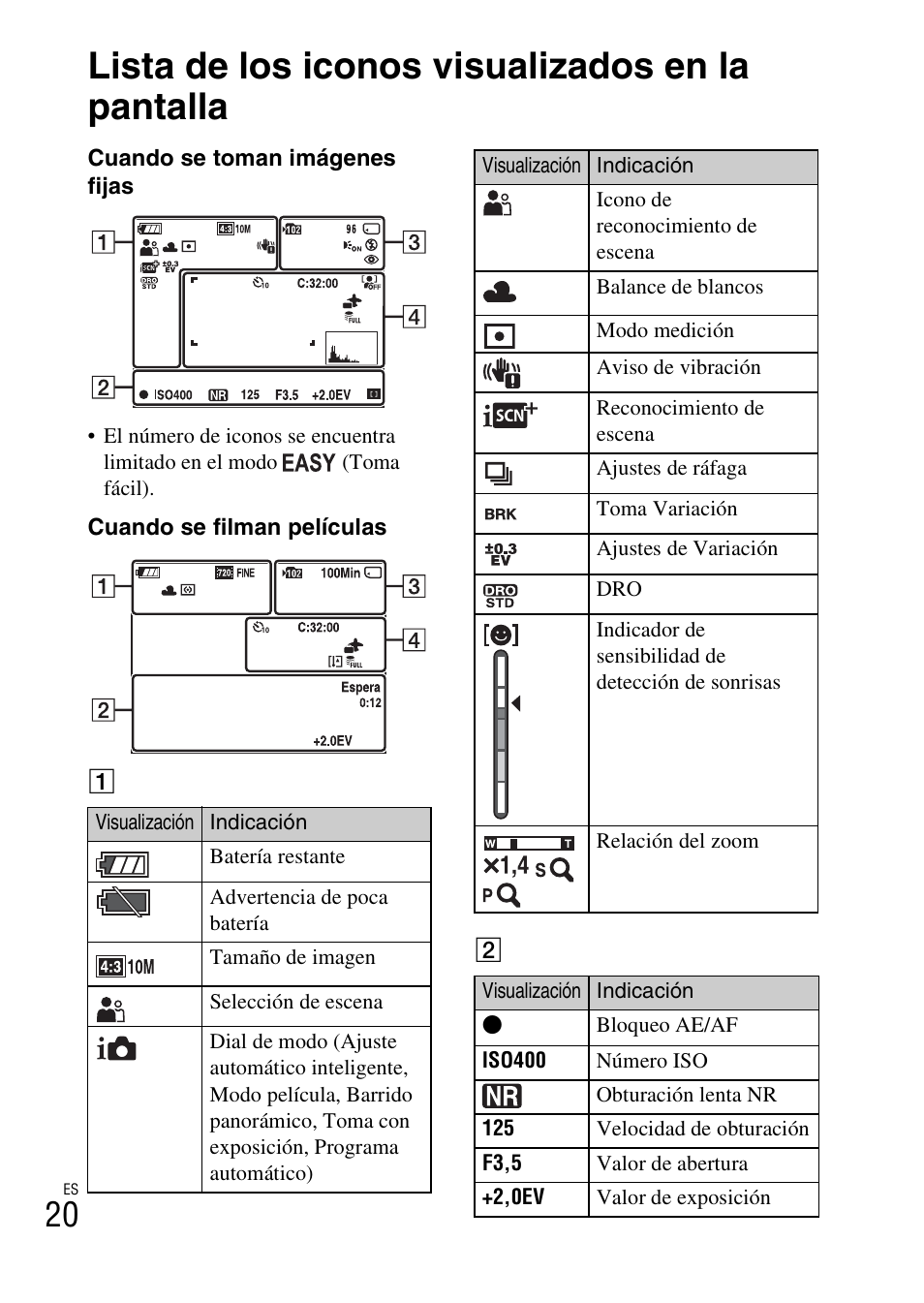Otros, Lista de los iconos visualizados en la pantalla | Sony CYBER-SHOT DSC-H55 User Manual | Page 48 / 56