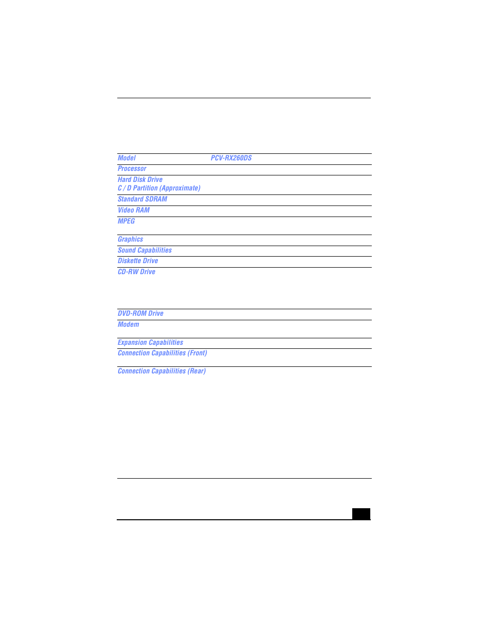 Specifications pcv-rx260ds | Sony VAIO Digital Studio PCV-RX270DS User Manual | Page 59 / 65