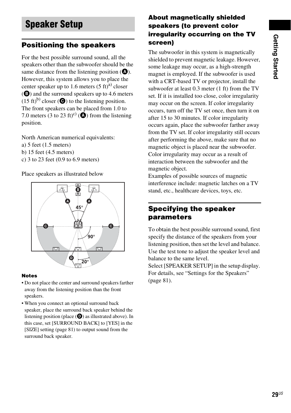 Speaker setup, Positioning the speakers, Specifying the speaker parameters | Sony FR8/FR9 User Manual | Page 29 / 108