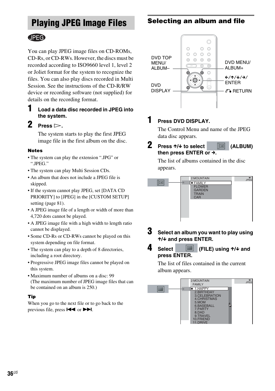 Playing jpeg image files, Selecting an album and file | Sony FR8/FR9 User Manual | Page 36 / 108