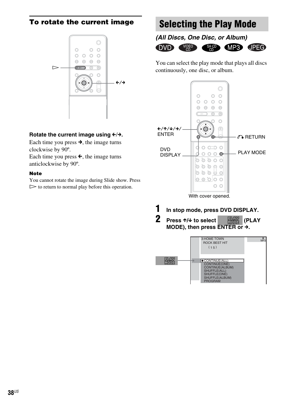 To rotate the current image, Selecting the play mode, All discs, one disc, or album) | Sony FR8/FR9 User Manual | Page 38 / 108
