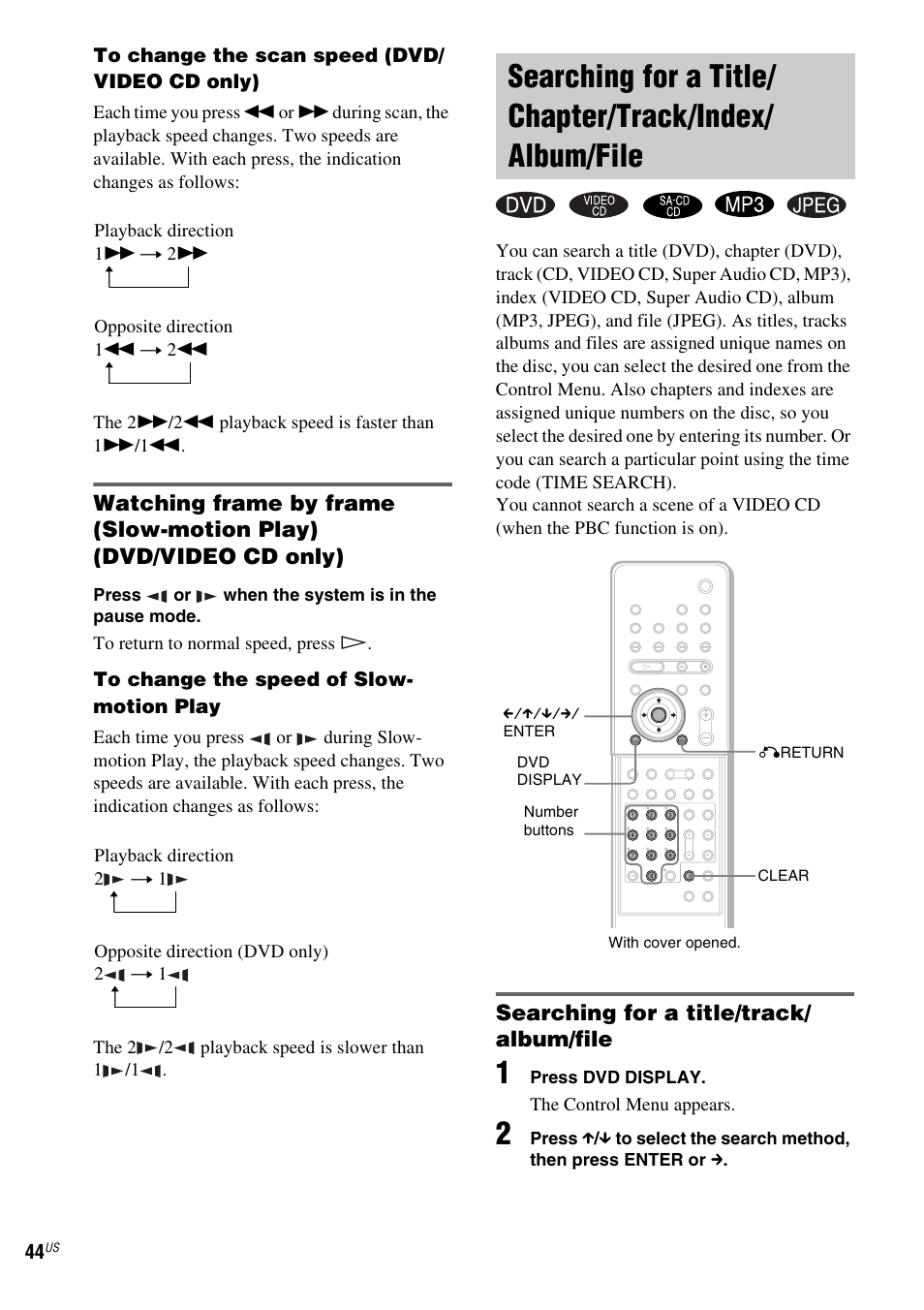 Searching for a title/track/ album/file, Searching for a title/chapter/track, Index/album/file | Sony FR8/FR9 User Manual | Page 44 / 108