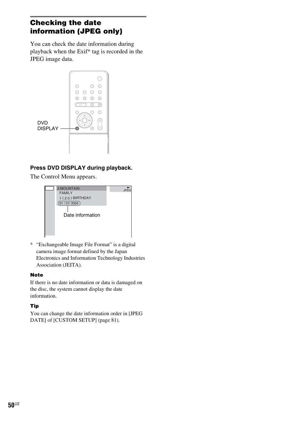 Checking the date information (jpeg only) | Sony FR8/FR9 User Manual | Page 50 / 108