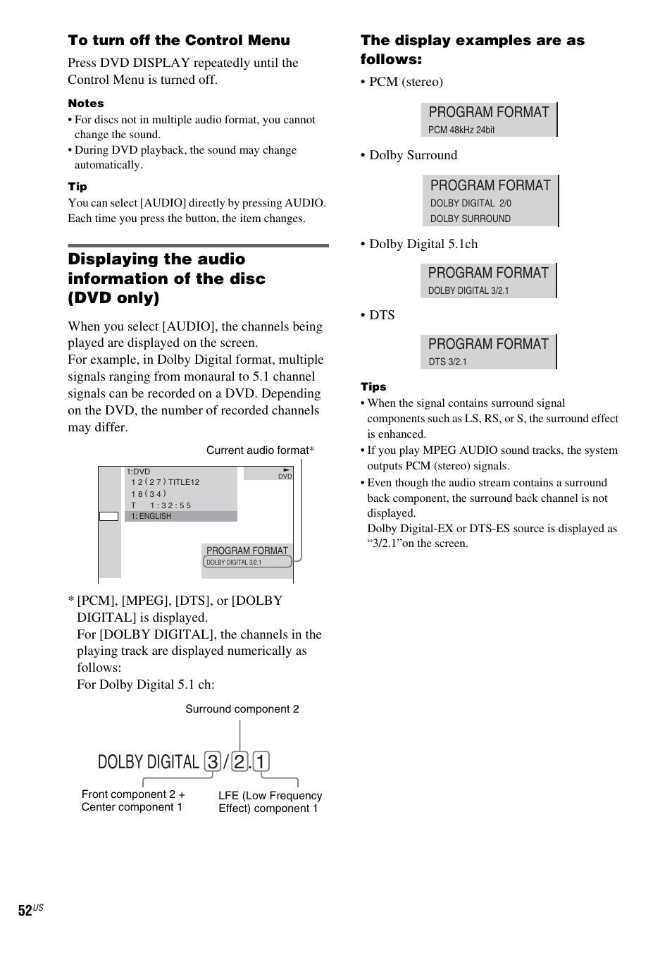Dolby digital 3 / 2, Program format | Sony FR8/FR9 User Manual | Page 52 / 108