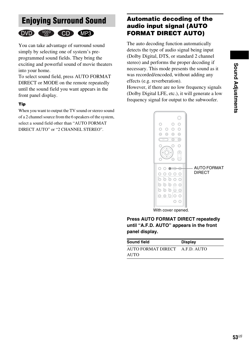 Enjoying surround sound | Sony FR8/FR9 User Manual | Page 53 / 108
