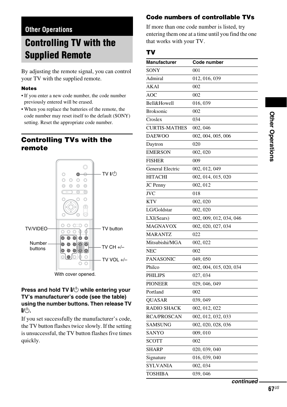 Other operations, Controlling tv with the supplied remote, Controlling tvs with the remote | Controlling tv with the supplied, Remote | Sony FR8/FR9 User Manual | Page 67 / 108