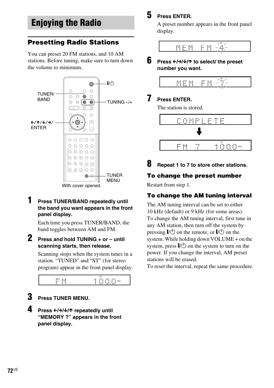 Enjoying the radio, Presetting radio stations | Sony FR8/FR9 User Manual | Page 72 / 108