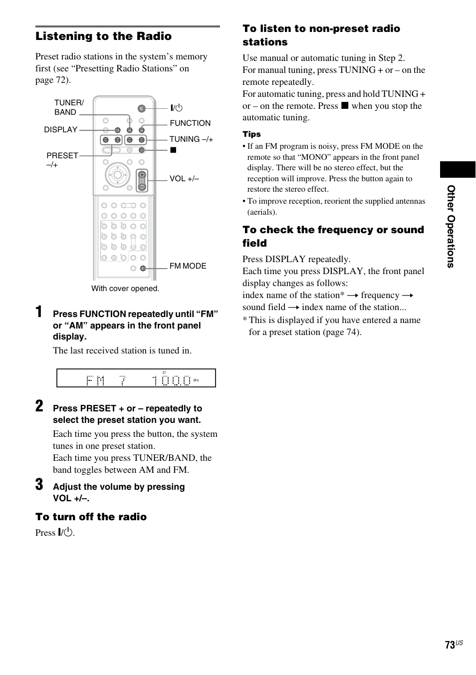Listening to the radio | Sony FR8/FR9 User Manual | Page 73 / 108