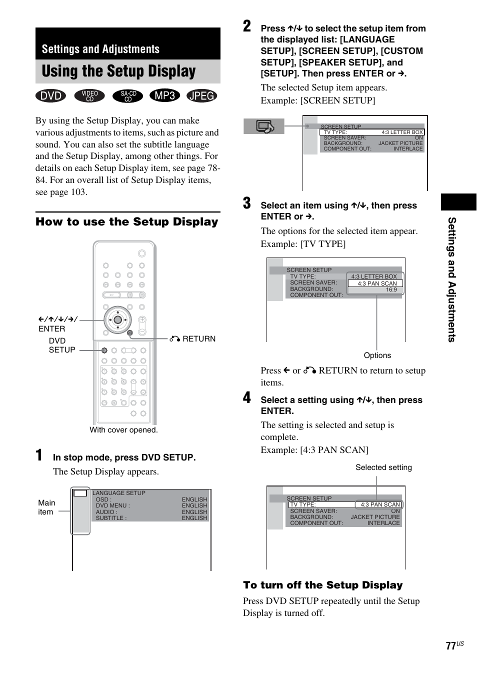 Settings and adjustments, Using the setup display, How to use the setup display | See “using the | Sony FR8/FR9 User Manual | Page 77 / 108
