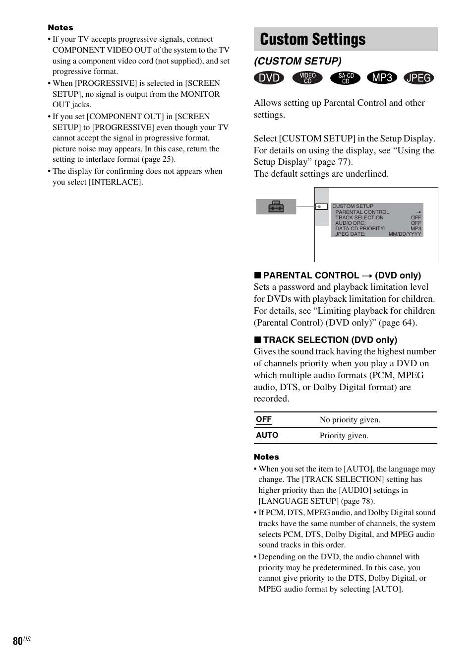 Custom settings, Custom setup) | Sony FR8/FR9 User Manual | Page 80 / 108