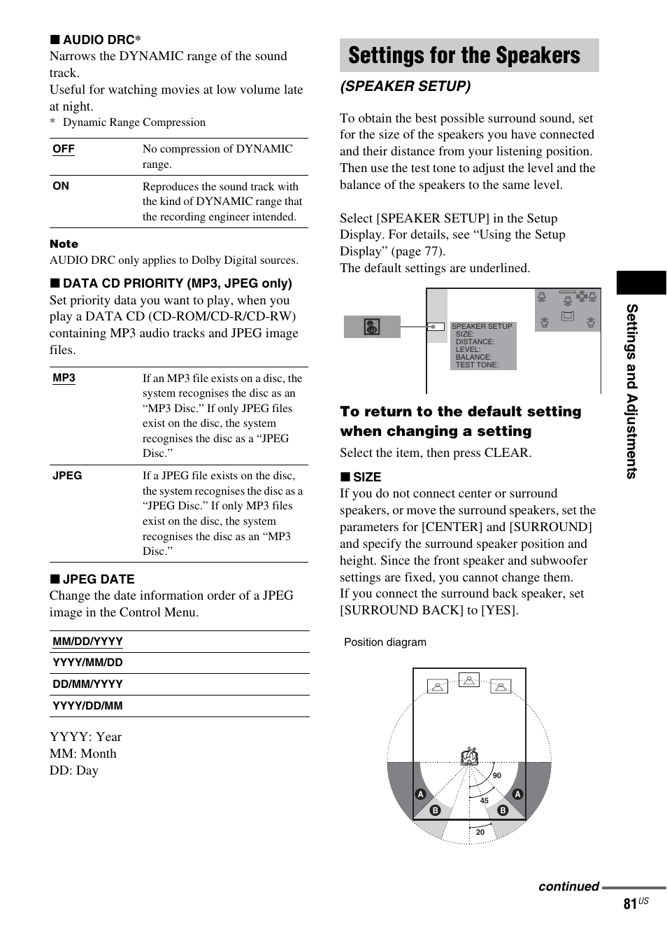 Settings for the speakers, Speaker setup) | Sony FR8/FR9 User Manual | Page 81 / 108