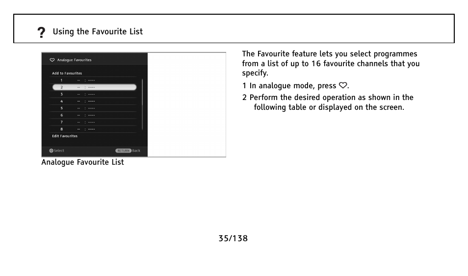 Analogue favourite list | Sony Universal Remote User Manual | Page 35 / 138