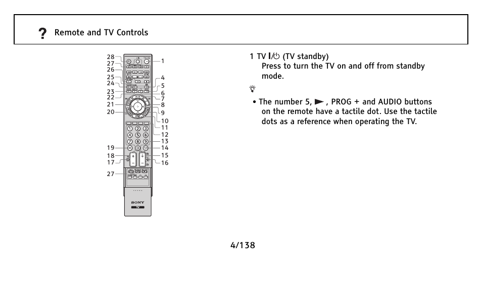 4/138 remote and tv controls | Sony Universal Remote User Manual | Page 4 / 138