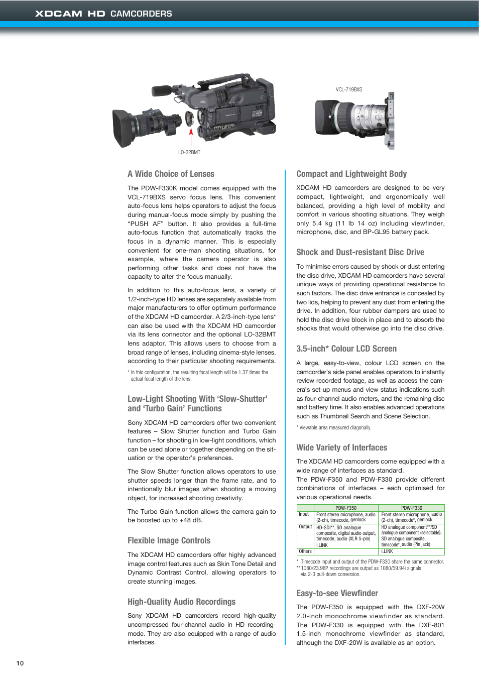 A wide choice of lenses, Flexible image controls, High-quality audio recordings | Compact and lightweight body, Shock and dust-resistant disc drive, Inch* colour lcd screen, Wide variety of interfaces, Easy-to-see viewfinder | Sony XDCAMTM User Manual | Page 10 / 20