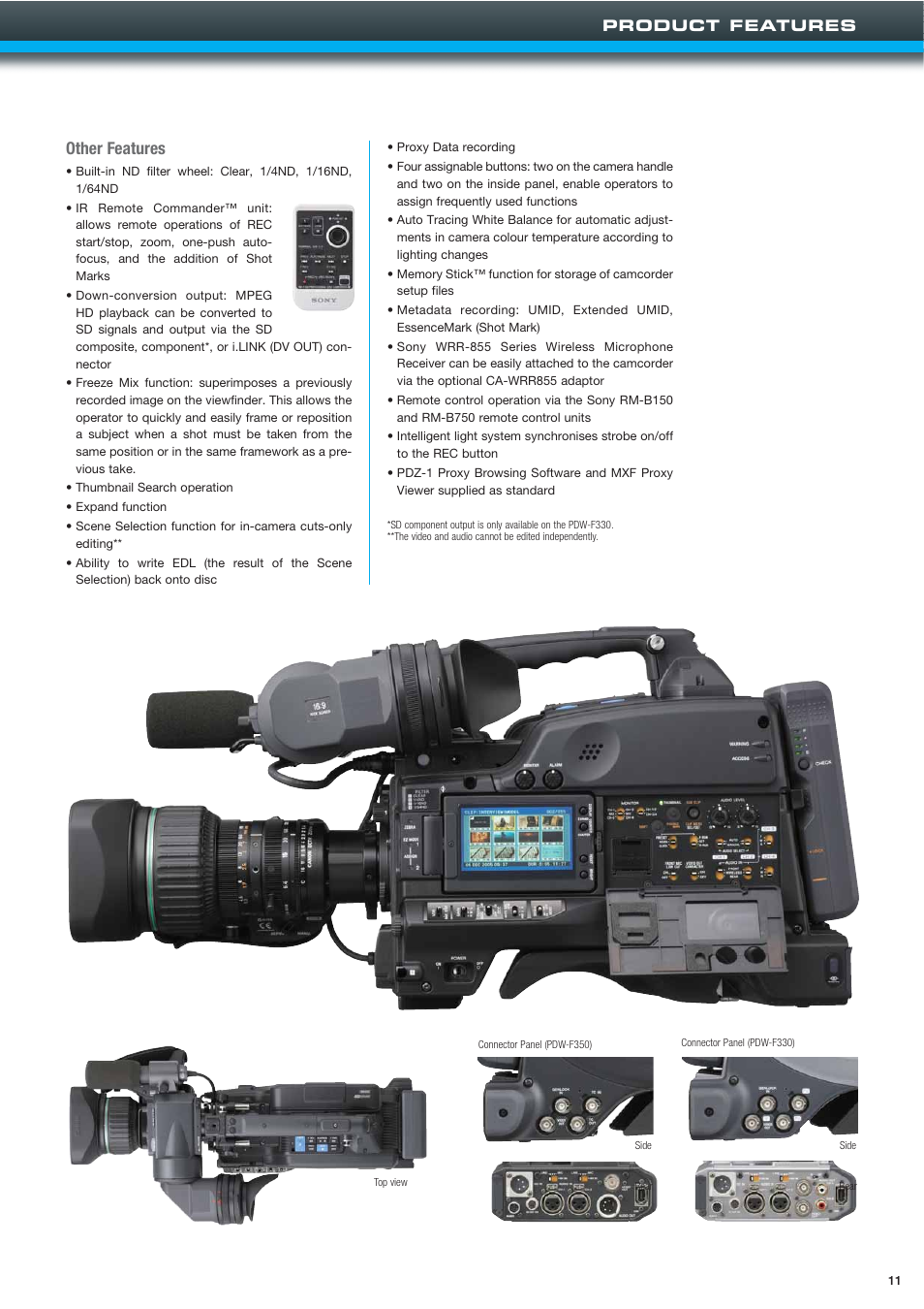 Other features, Product features | Sony XDCAMTM User Manual | Page 11 / 20