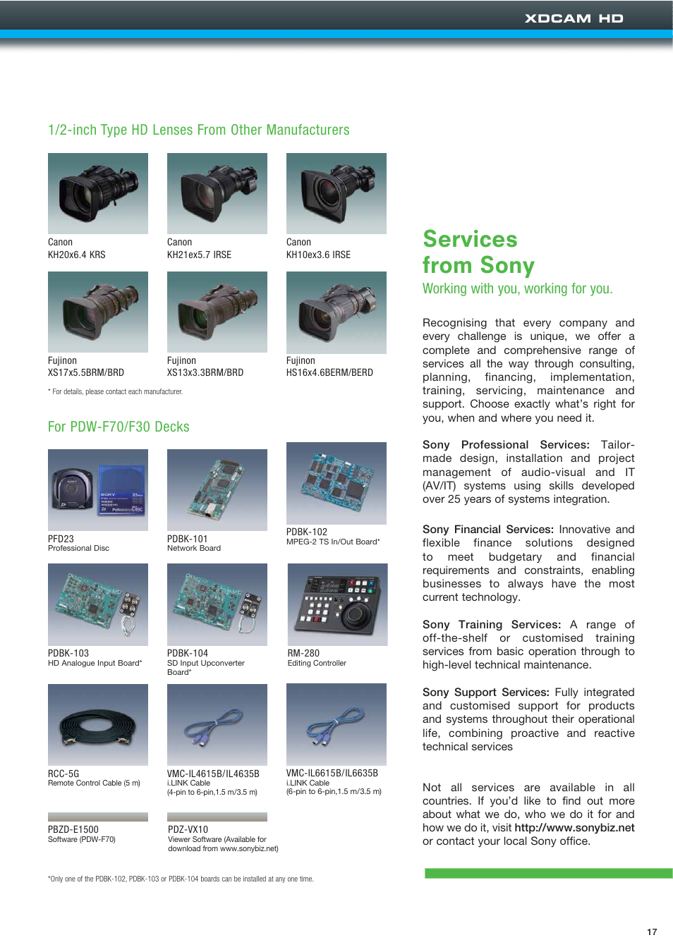 Services from sony, 1/2-inch type hd lenses from other manufacturers, For pdw-f70/f30 decks | Working with you, working for you | Sony XDCAMTM User Manual | Page 17 / 20