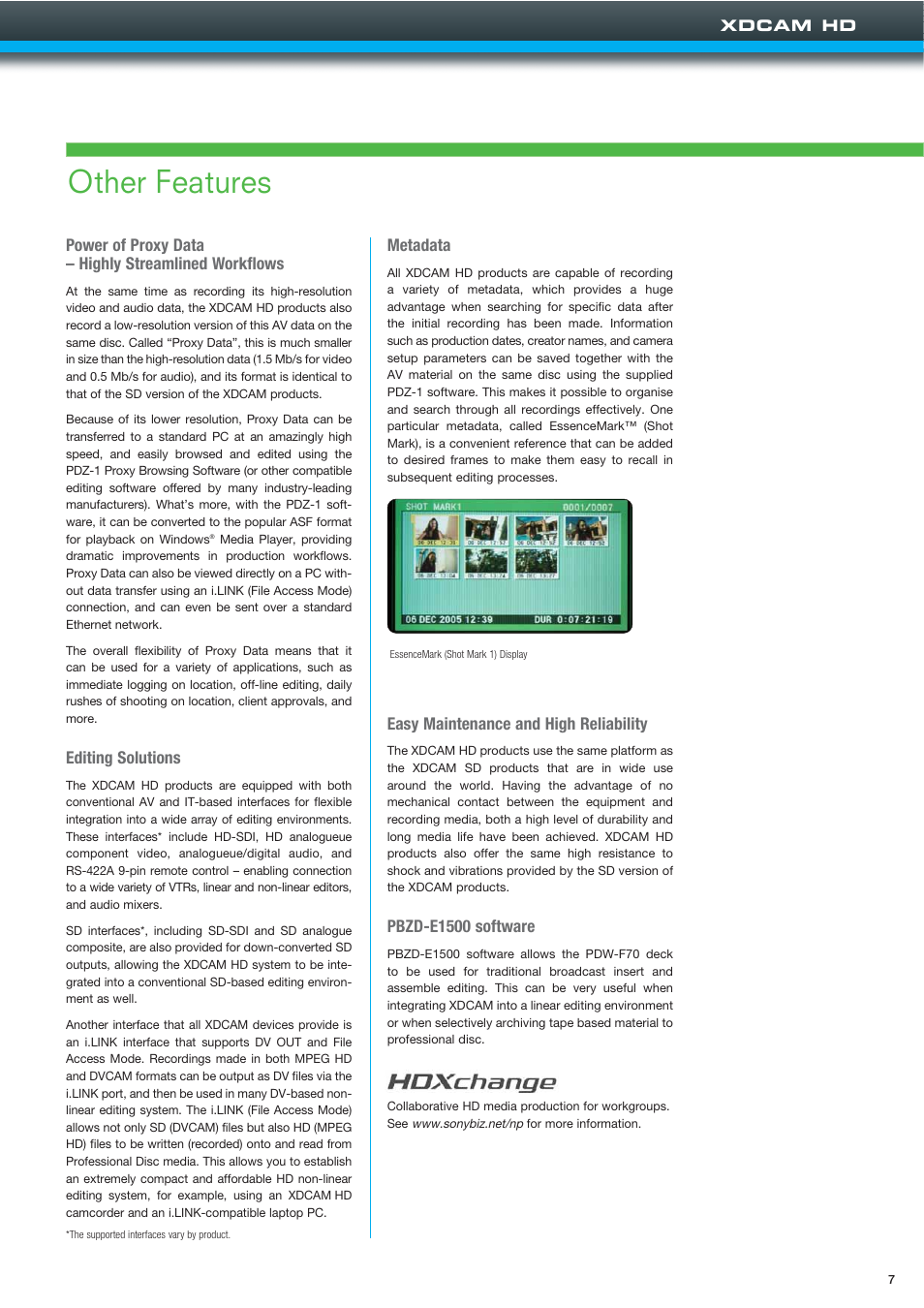 Other features | Sony XDCAMTM User Manual | Page 7 / 20