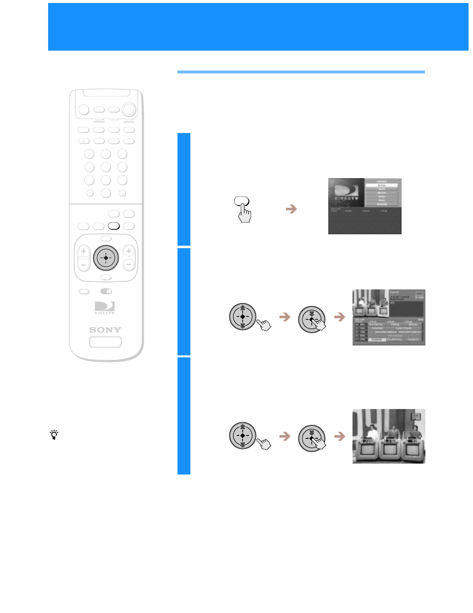 Using the category guide, Press the category button, Highlight and select the category you want | Highlight and select the program you want | Sony SAT-A55 User Manual | Page 38 / 80