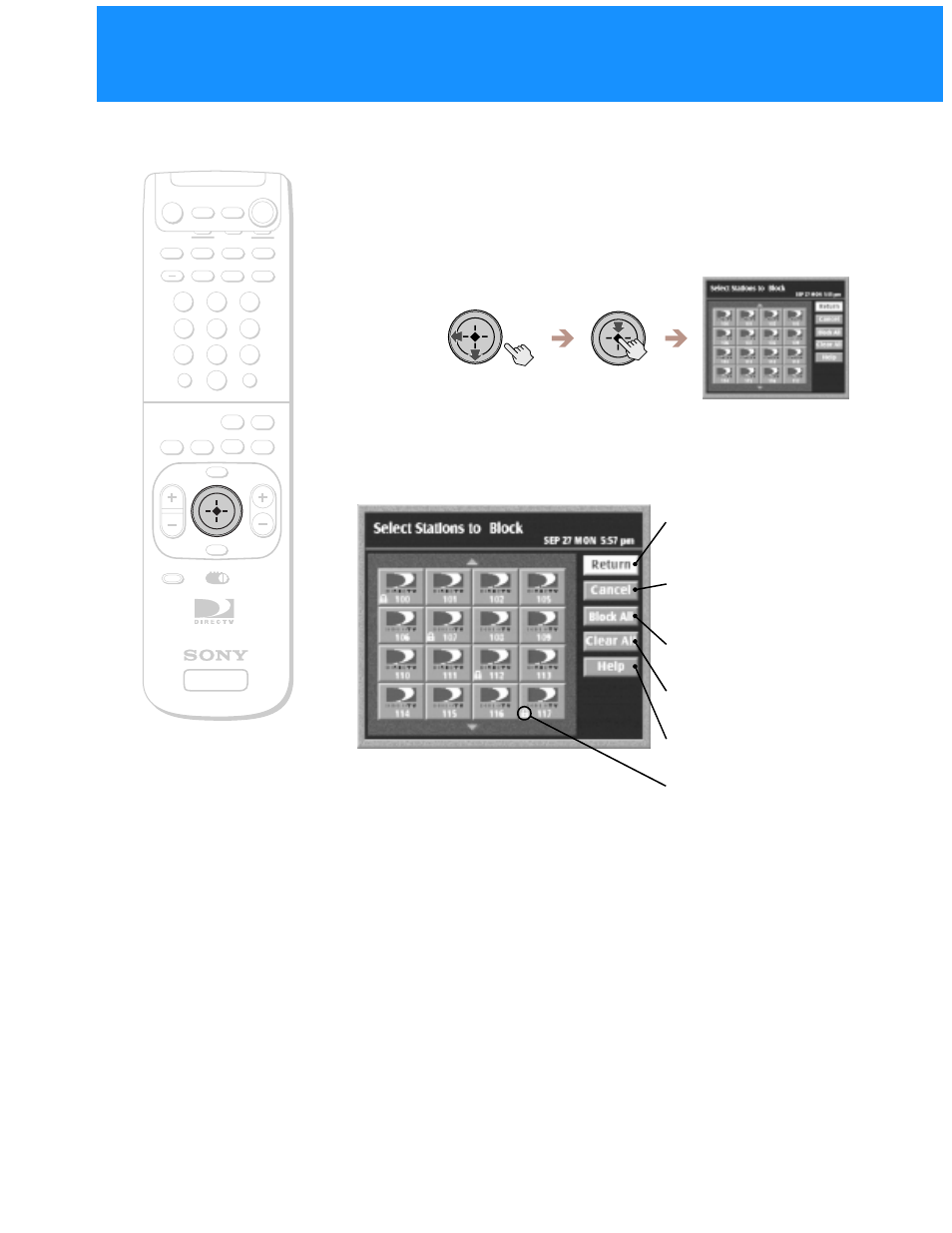 Changing the stations blocked settings, The stations blocked display appears | Sony SAT-A55 User Manual | Page 56 / 80