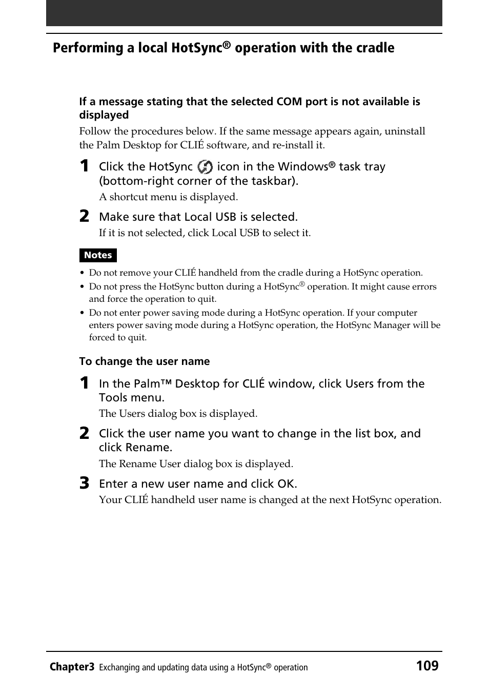 109 performing a local hotsync, Operation with the cradle | Sony PEG-NR70V/U User Manual | Page 109 / 224