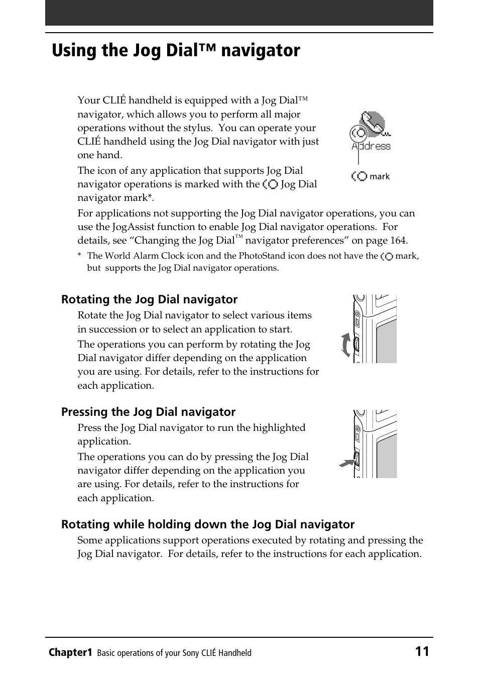 Using the jog dial™ navigator, Using the jog dial, Navigator | Sony PEG-NR70V/U User Manual | Page 11 / 224