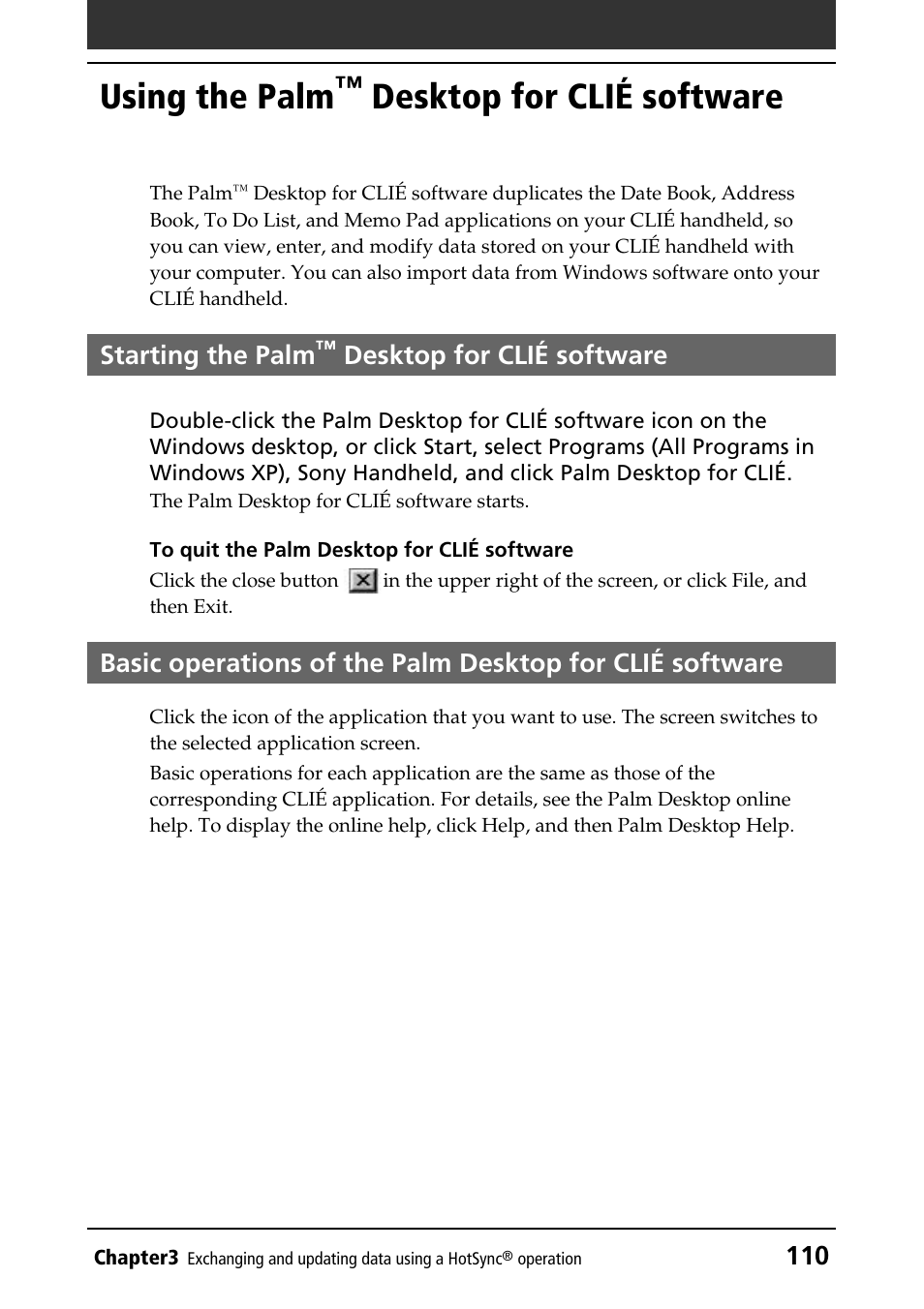 Using the palm™ desktop for clié software, Starting the palm™ desktop for clié software, Using the palm | Desktop for clié, Software, Starting the palm, Desktop for clié software | Sony PEG-NR70V/U User Manual | Page 110 / 224