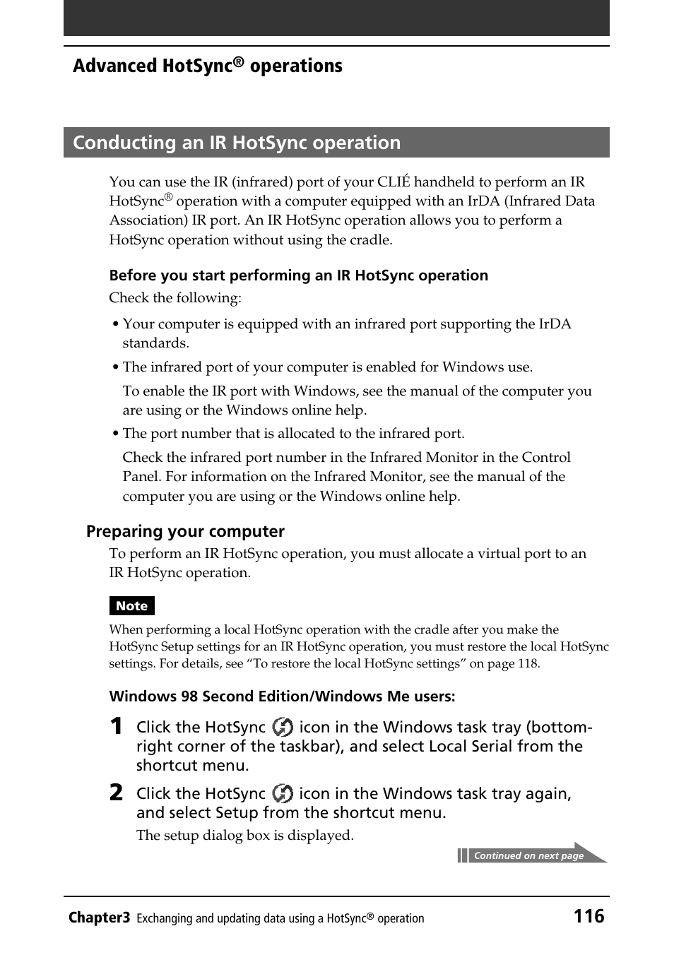 Conducting an ir hotsync operation, 116 advanced hotsync, Operations conducting an ir hotsync operation | Sony PEG-NR70V/U User Manual | Page 116 / 224