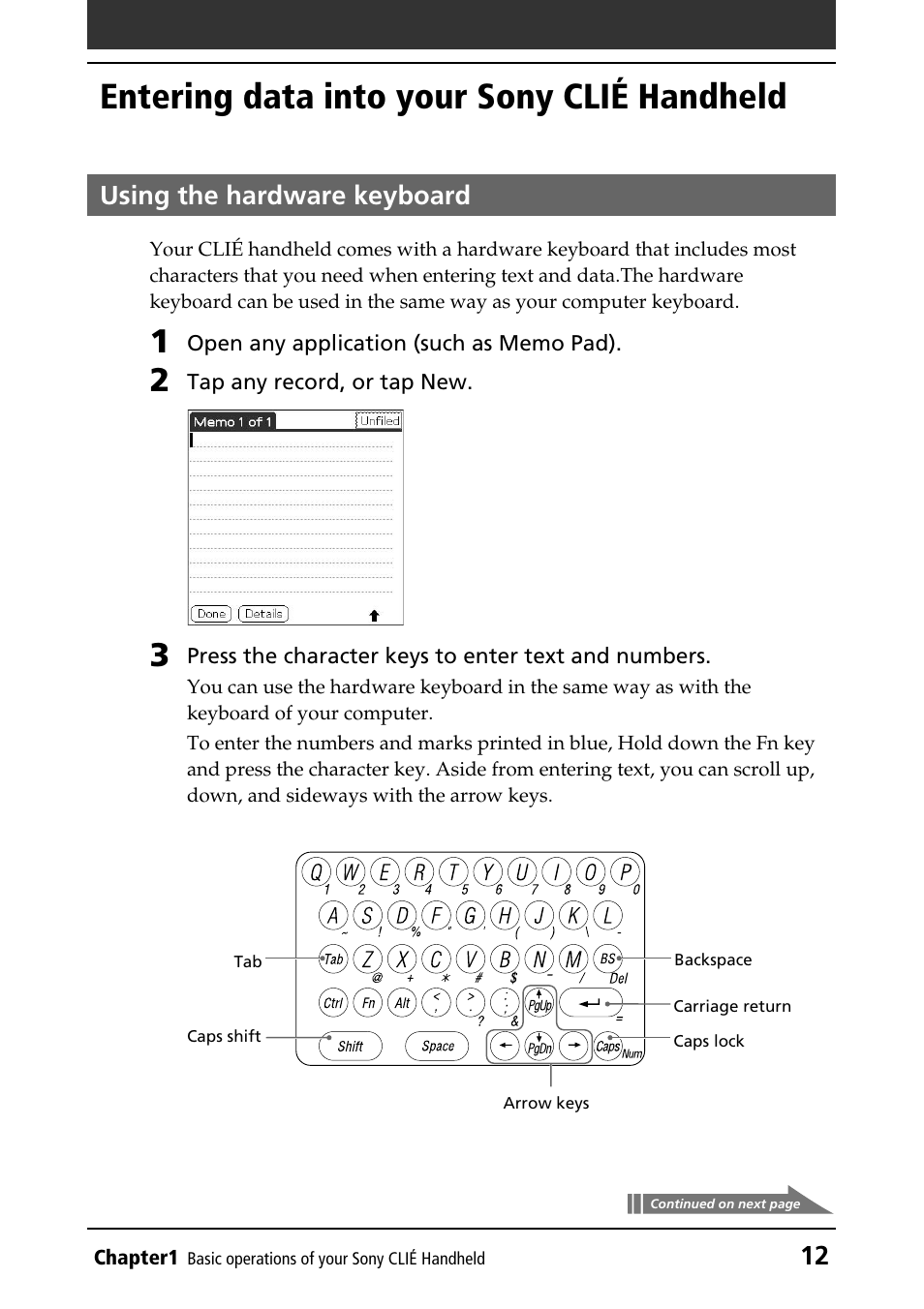 Entering data into your sony clié handheld, Using the hardware keyboard | Sony PEG-NR70V/U User Manual | Page 12 / 224