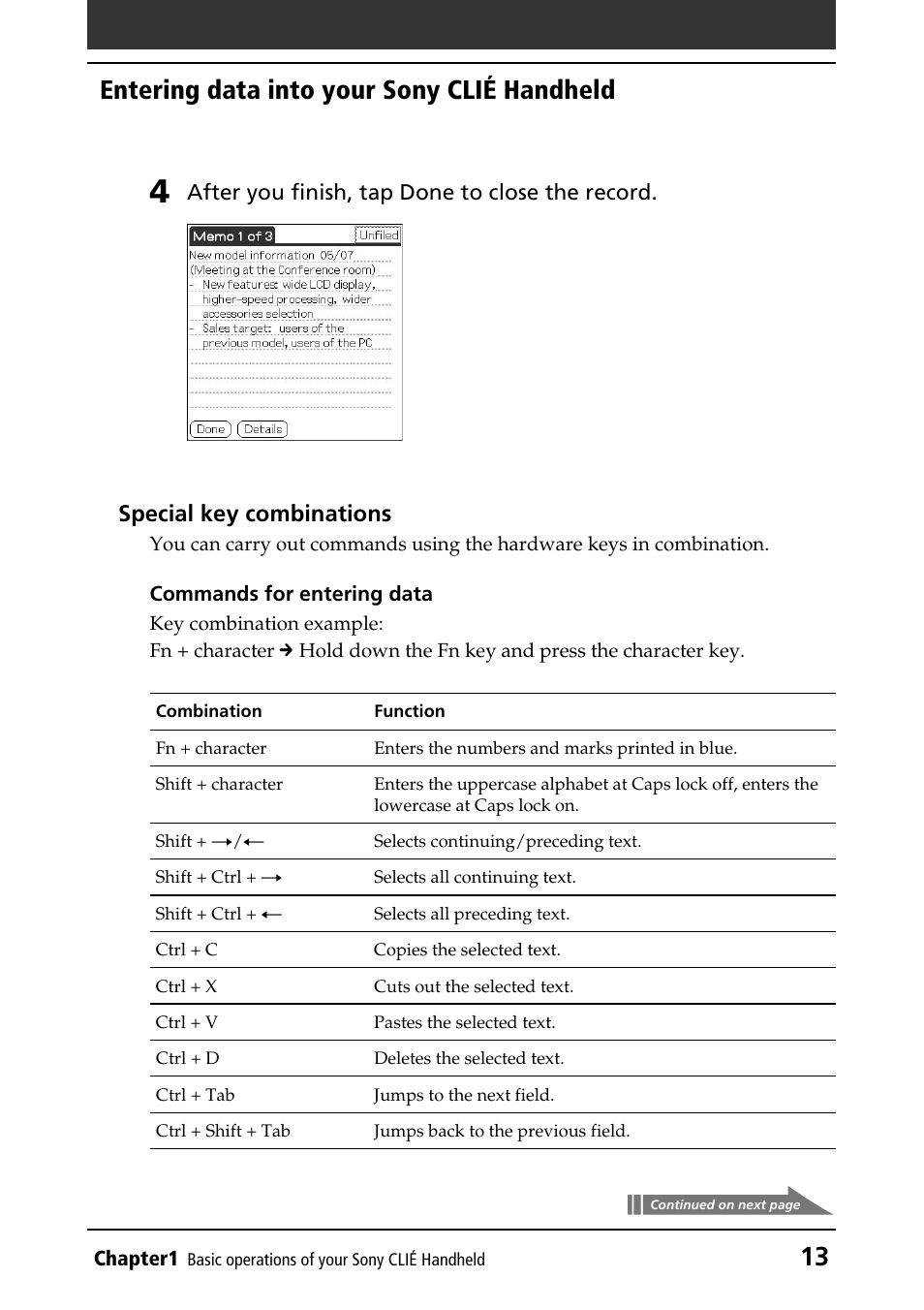 Entering data into your sony clié handheld, Special key combinations | Sony PEG-NR70V/U User Manual | Page 13 / 224