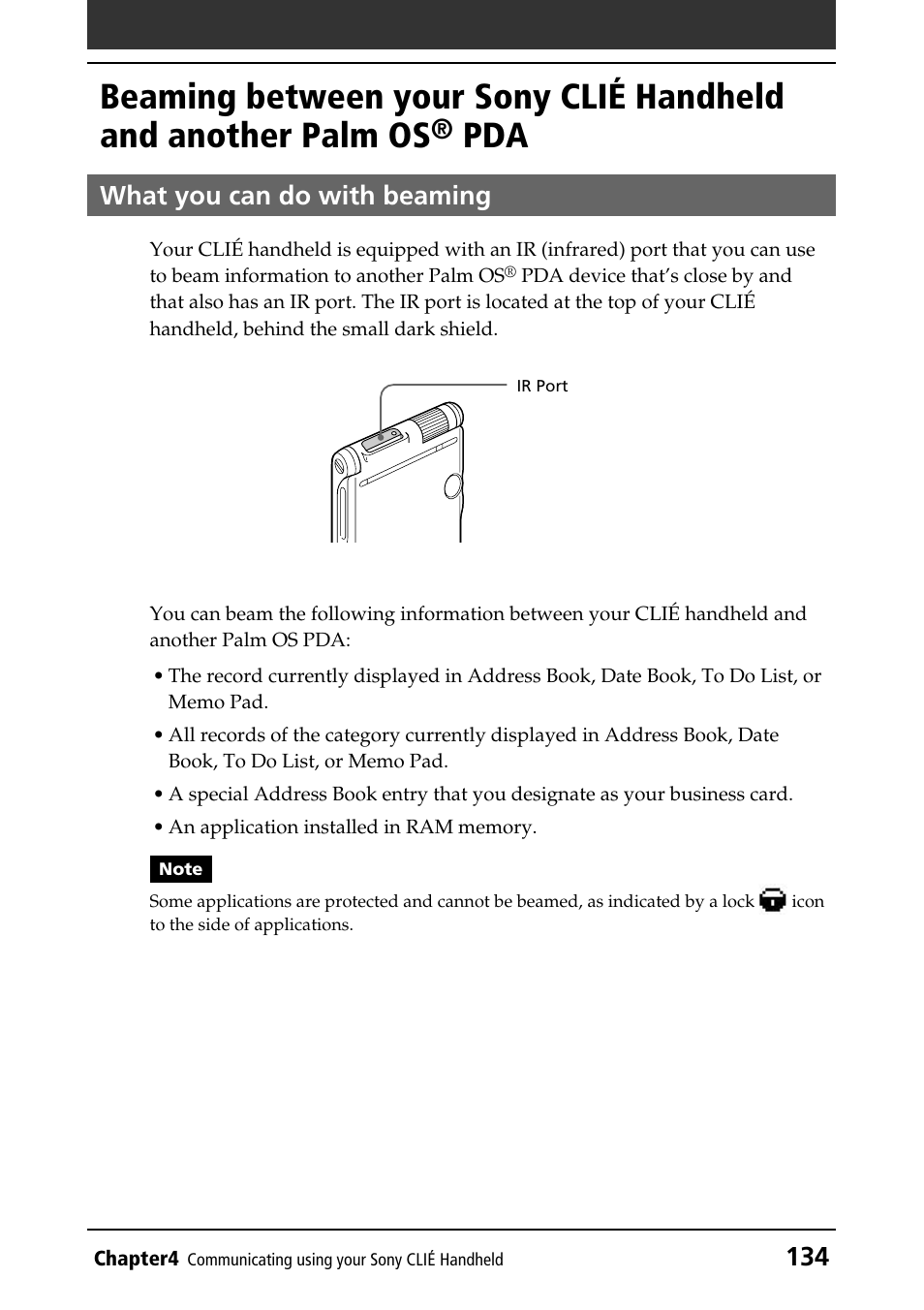 What you can do with beaming, Pda134 | Sony PEG-NR70V/U User Manual | Page 134 / 224