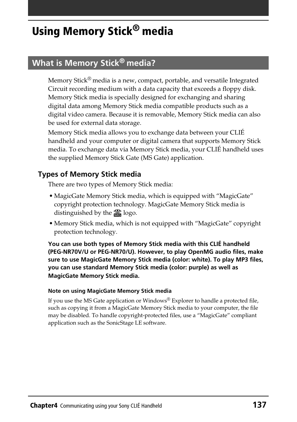 Using memory stick® media, What is memory stick® media, Using memory stick | Media, What is memory stick | Sony PEG-NR70V/U User Manual | Page 137 / 224