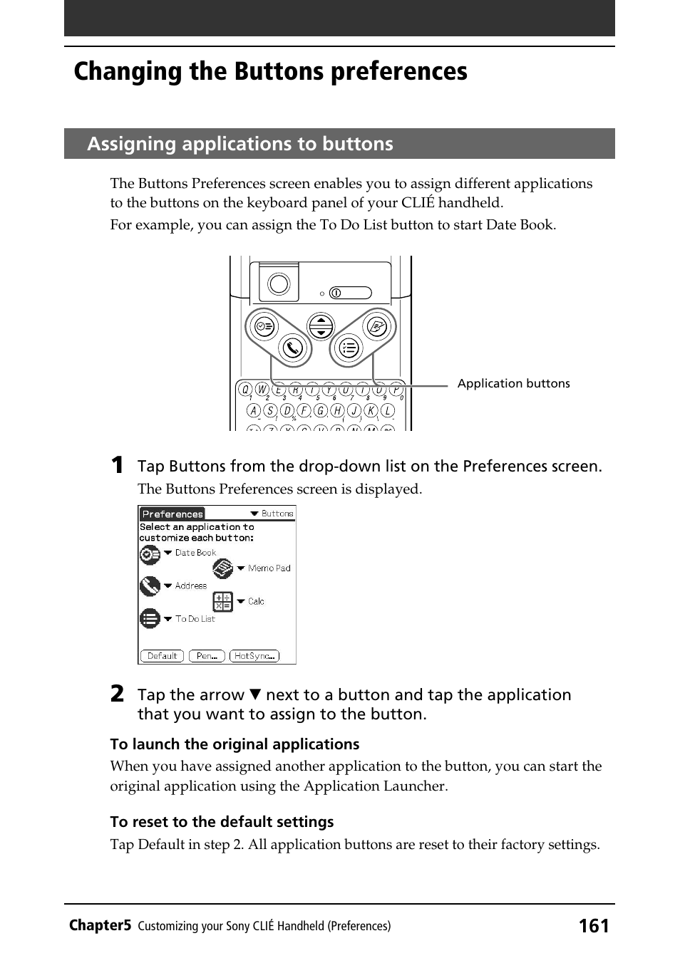 Changing the buttons preferences, Assigning applications to buttons | Sony PEG-NR70V/U User Manual | Page 161 / 224