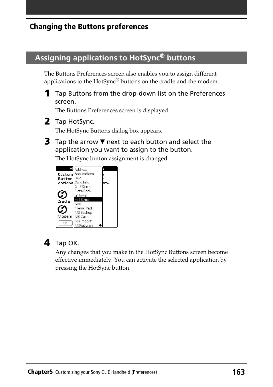 Assigning applications to hotsync® buttons, Assigning applications to hotsync, Buttons | Sony PEG-NR70V/U User Manual | Page 163 / 224