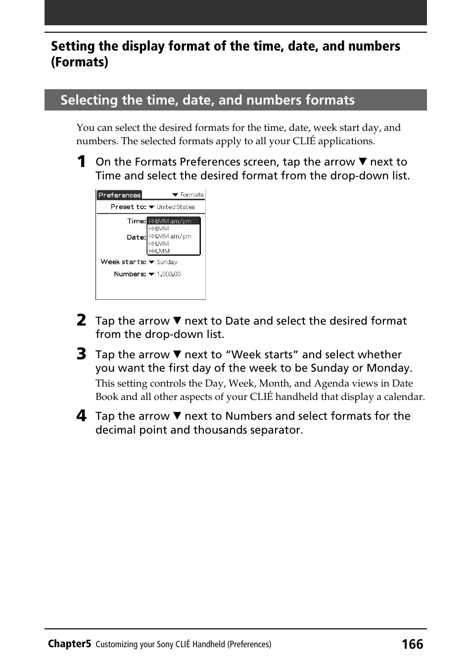 Selecting the time, date, and numbers formats | Sony PEG-NR70V/U User Manual | Page 166 / 224