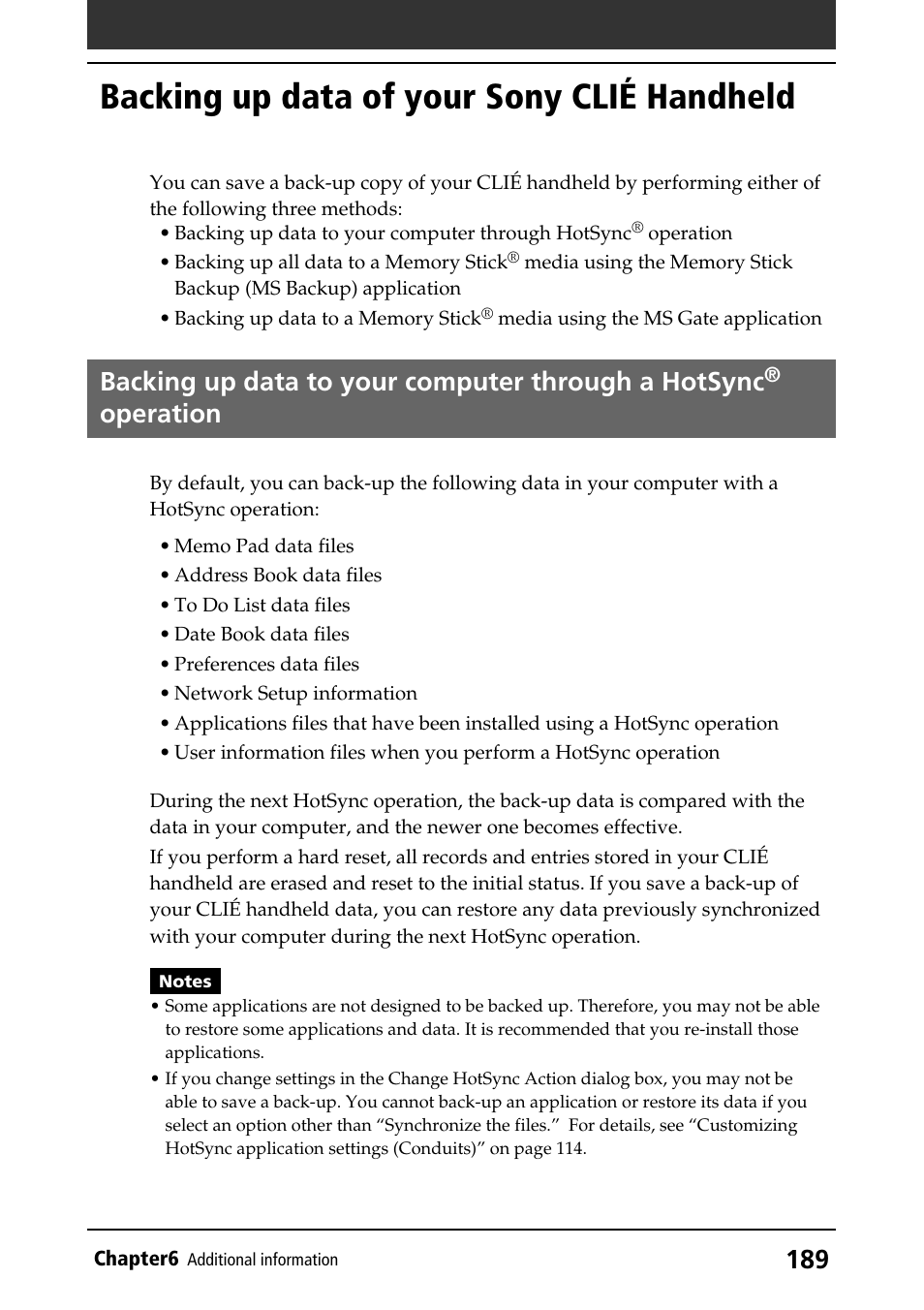 Backing up data of your sony clié handheld, Backing up data to your computer through a hotsync, Operation | Sony PEG-NR70V/U User Manual | Page 189 / 224