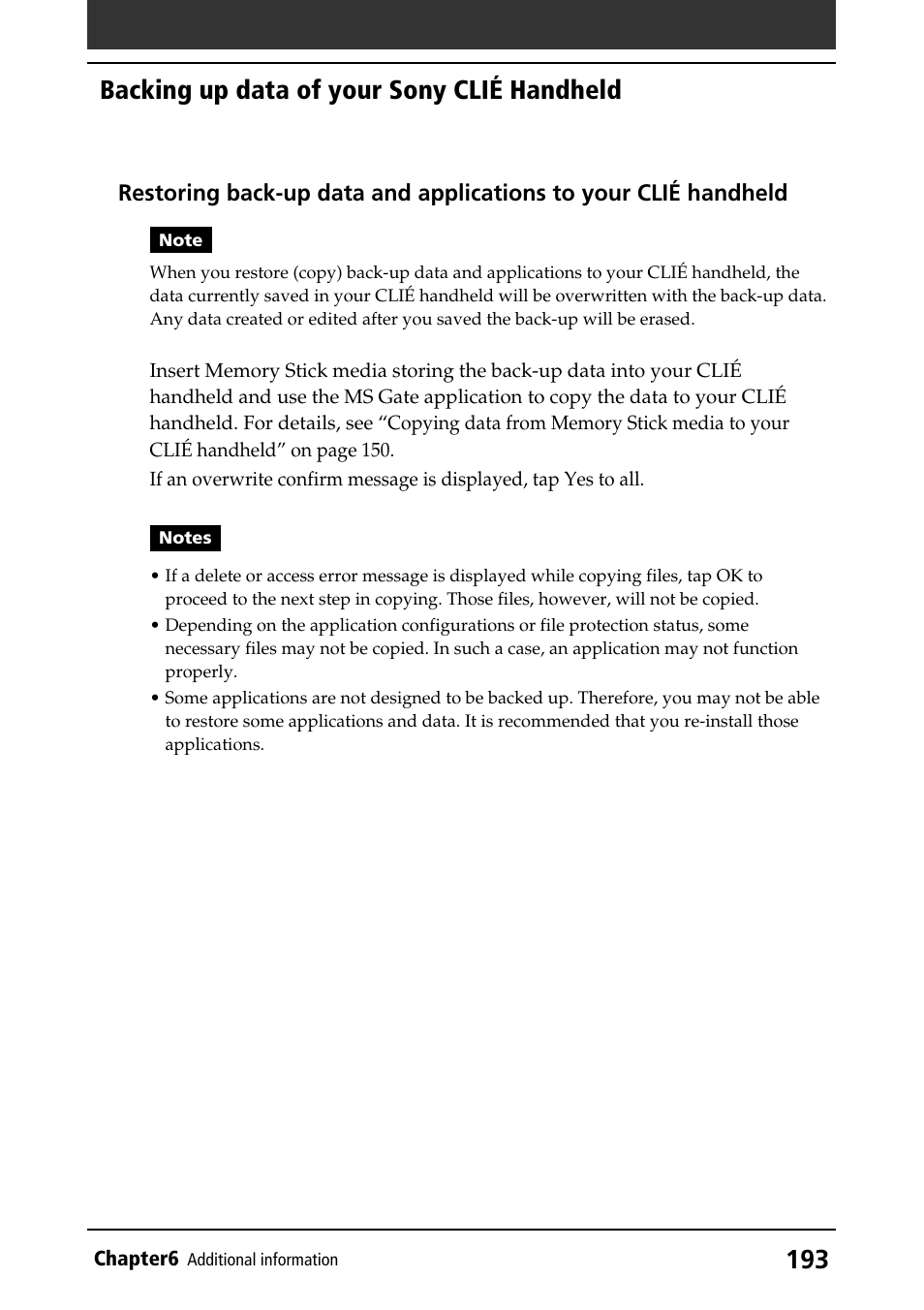 Backing up data of your sony clié handheld | Sony PEG-NR70V/U User Manual | Page 193 / 224