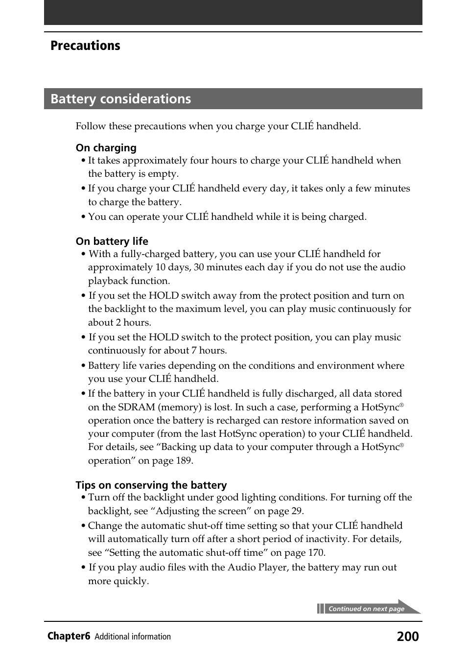 Battery considerations, Precautions | Sony PEG-NR70V/U User Manual | Page 200 / 224