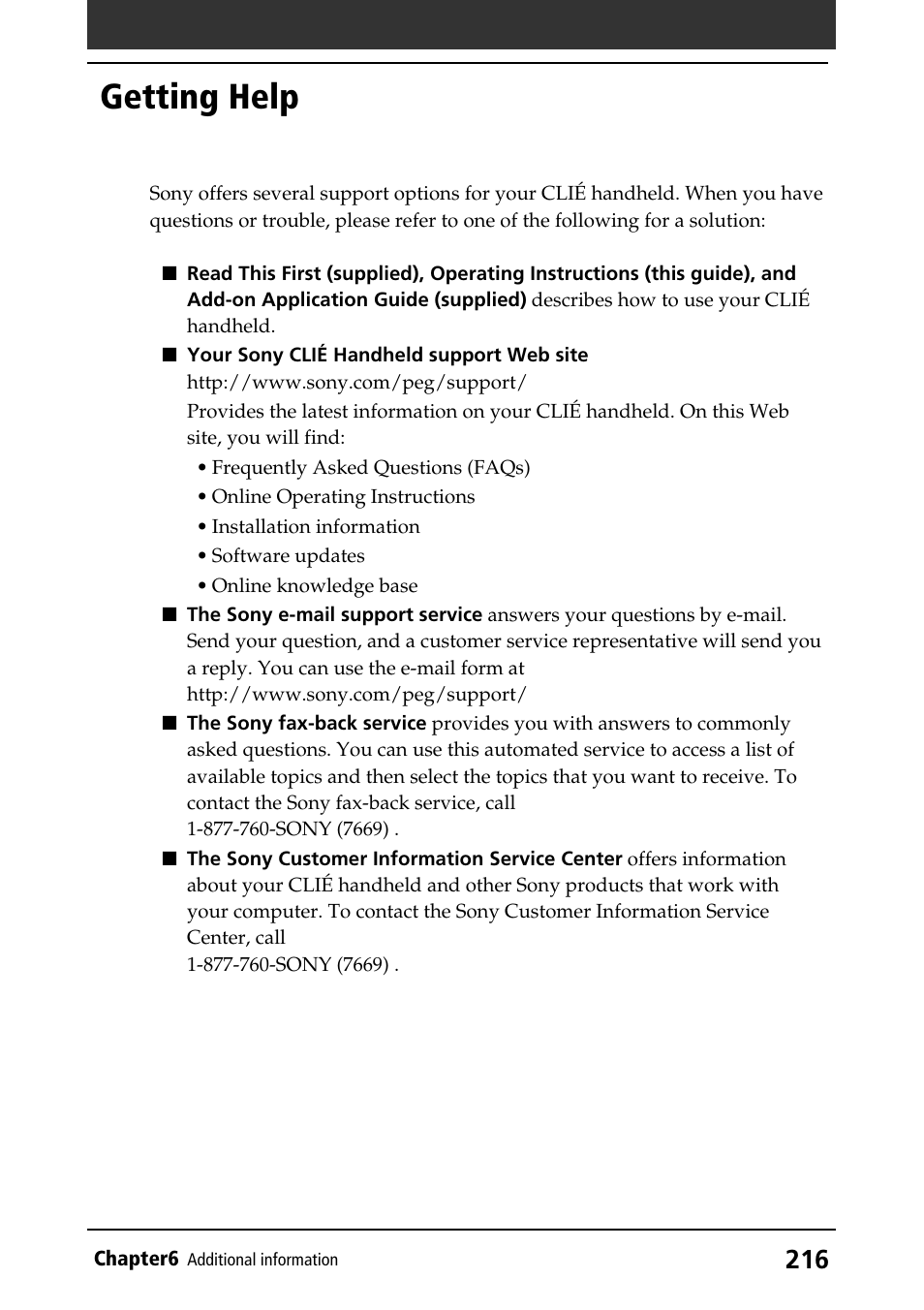 Getting help | Sony PEG-NR70V/U User Manual | Page 216 / 224