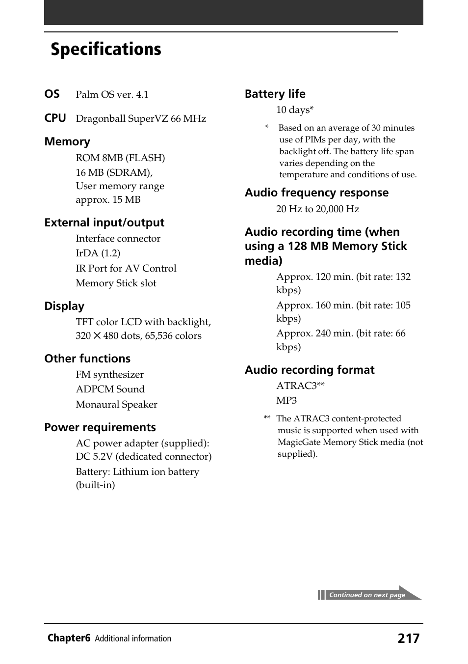 Specifications | Sony PEG-NR70V/U User Manual | Page 217 / 224