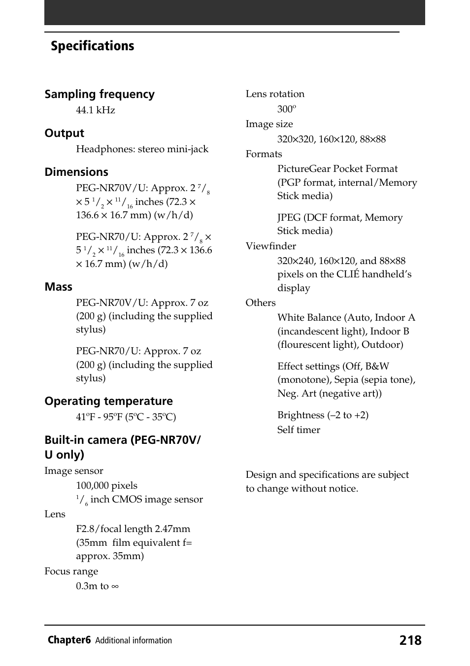 Specifications, Sampling frequency, Output | Dimensions, Mass, Operating temperature, Built-in camera (peg-nr70v/ u only) | Sony PEG-NR70V/U User Manual | Page 218 / 224