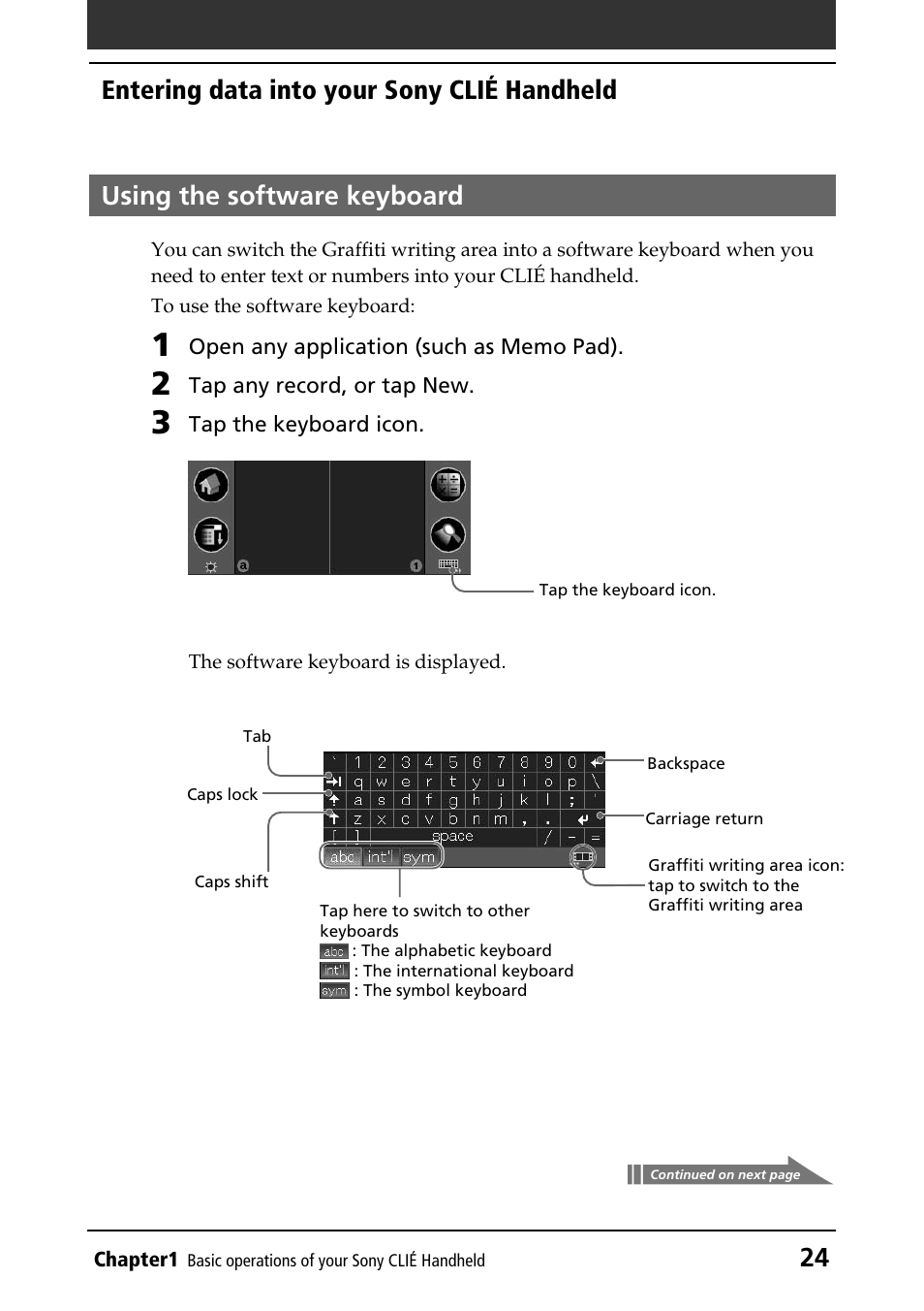 Using the software keyboard, 24 using the software keyboard, Entering data into your sony clié handheld | Sony PEG-NR70V/U User Manual | Page 24 / 224