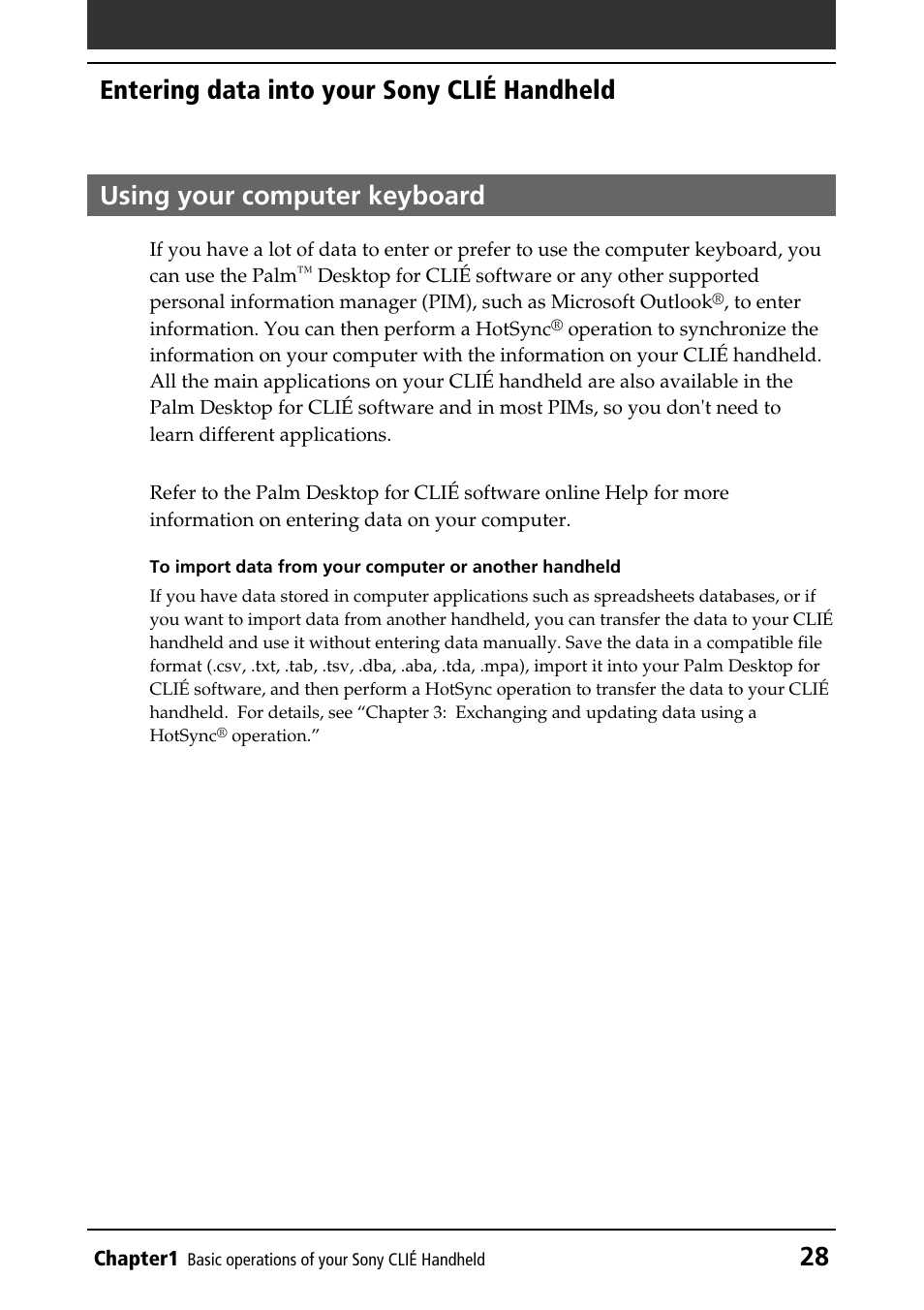 Using your computer keyboard | Sony PEG-NR70V/U User Manual | Page 28 / 224