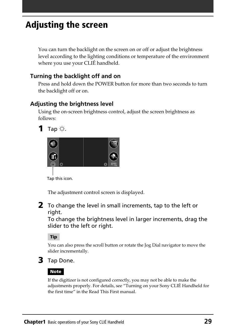 Adjusting the screen | Sony PEG-NR70V/U User Manual | Page 29 / 224