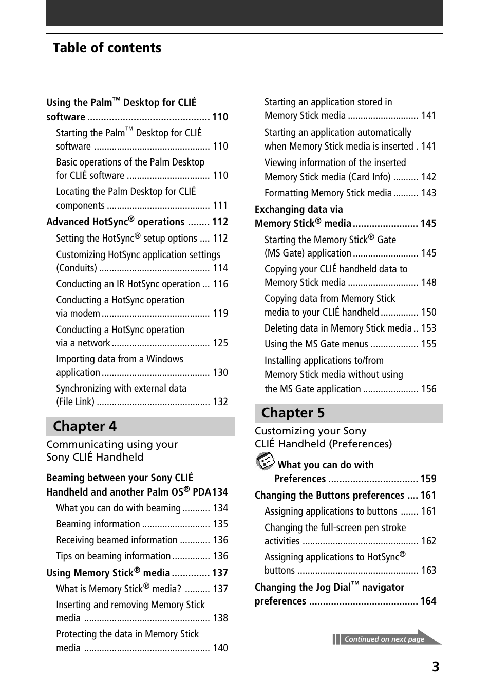 3table of contents, Chapter 4, Chapter 5 | Sony PEG-NR70V/U User Manual | Page 3 / 224